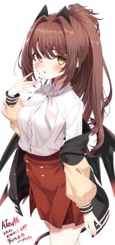 1girl absurdres artist_name blush breasts brown_hair collared_shirt commentary_request commission commissioner_name dated demon_tail demon_wings earrings hair_intakes heterochromia highres jacket jewelry jun_(aousa0328) long_hair long_sleeves looking_at_viewer medium_breasts off_shoulder original parted_lips ponytail red_eyes red_skirt shirt simple_background skeb_commission skirt solo star_(symbol) star_earrings tail thank_you white_background white_shirt wings yellow_eyes yellow_jacket