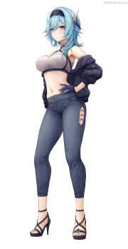Rule 34 | 1girl, alternate costume, asymmetrical hair, bare shoulders, black gloves, black hairband, black jacket, blue hair, breasts, casual, closed mouth, clothing cutout, commentary request, crop top, denim, eula (genshin impact), feet, full body, genshin impact, gloves, hair between eyes, hair ornament, hairband, hand on own hip, high heels, highres, jacket, jeans, kinoko kun, large breasts, legs, medium hair, midriff, navel, off shoulder, open clothes, open jacket, pants, revision, sandals, simple background, solo, stomach, strappy heels, toenails, toes, turtleneck, twitter username, white background, yellow eyes