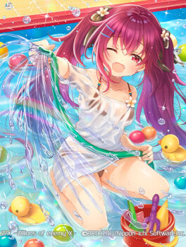 1girl ball bikini bikini_top_under_shirt bikini_under_clothes black_bikini black_ribbon breasts bucket copyright_notice fang hair_ornament hair_ribbon hairpin holding holding_hose hose long_hair looking_at_viewer medium_breasts nei_(z/x) official_art one_eye_closed open_mouth pool red_eyes red_hair ribbon rubber_duck see-through_clothes see-through_shirt serino_itsuki shirt shovel sitting solo sparkle splashing spraying swimsuit twintails wariza water_drop white_shirt z/x