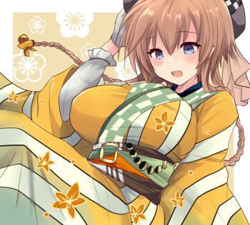 Rule 34 | 1girl, black hat, braid, breasts, brown hair, grey eyes, hair ornament, hat, highres, hirune (konekonelkk), japanese clothes, kantai collection, kimono, large breasts, long hair, low twintails, obi, official alternate costume, propeller hair ornament, sash, shirt, short hair, solo, striped clothes, striped kimono, teruzuki (kancolle), teruzuki (new year) (kancolle), twin braids, twintails, white shirt, yellow kimono