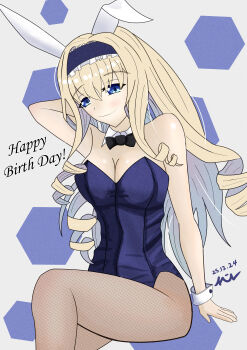 1girl arm_behind_head arm_support artist_name blonde_hair blue_eyes breasts cecilia_alcott cleavage crossed_legs dated drill_hair fishnet_pantyhose fishnets hairband highres infinite_stratos large_breasts legs leotard long_hair pantyhose playboy_bunny rabbit_ears sitting solo thighs very_long_hair