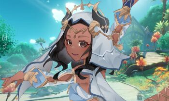 1girl absurdres animification arm_up blue_gemstone blue_sky blush bracer breasts brown_hair circlet cloud commentary cosplay crop_top dancer dani_chambers dark-skinned_female dark_skin day detached_sleeves english_commentary english_text fake_horns flower game_screenshot_background gem genshin_impact gold_trim harem_outfit highres horns in-universe_location jewelry kanako_(fuwachu) leaf lipstick location_request long_sleeves looking_at_viewer makeup neck_ring nilou_(genshin_impact) nilou_(genshin_impact)_(cosplay) outdoors puffy_long_sleeves puffy_sleeves purple_lips screenshot_background skirt sky small_breasts smile solo straight_hair sunlight tree upper_body veil voice_actor voice_actor_connection white_veil