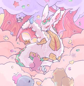 Rule 34 | cat, dog, dragon, duel monster, forest, highres, horns, melffy catty, melffy pinny, melffy puppy, melffy rabby, nature, pastel colors, pink fur, rabbit, rabidragon, red eyes, red horns, seal (animal), tagme, tree, wings, yu-gi-oh!