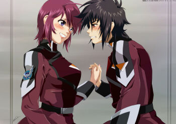 Rule 34 | 1boy, 1girl, blush, breasts, clenched teeth, commentary request, from side, grin, gundam, gundam seed, gundam seed destiny, gundam seed freedom, highres, holding hands, large breasts, lunamaria hawke, mecha pilot suit, nolia, normal suit (gundam), red hair, shinn asuka, short hair, smile, teeth