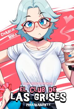 1girl black_choker blue_eyes blue_hair blue_nails breasts charlotte_(dilan_griz) choker closed_mouth collarbone commentary_request cowboy_shot cup dilan_griz disposable_coffee_cup disposable_cup earrings fingernails glasses hand_on_own_hip heart highres holding holding_cup jewelry large_breasts looking_at_viewer multicolored_nails nail_polish original parted_hair pink_nails shirt shirt_tucked_in short_hair short_sleeves solo spanish_commentary spanish_text stud_earrings translation_request white_shirt