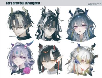 Rule 34 | 2boys, 4girls, arknights, black eyes, black hair, black shirt, blonde hair, blue hair, blush, bob cut, character name, chongyue (arknights), closed mouth, collared shirt, commentary, cropped head, earrings, flower, frown, glaring, grey eyes, grey hair, hashtag-only commentary, heterochromia, highres, jewelry, jie (arknights), jun (arknights), lentain, ling (arknights), long hair, looking at viewer, multicolored hair, multiple boys, multiple girls, open mouth, pointy ears, purple eyes, purple flower, purple hair, qr code, red eyes, shirt, short hair, shu (arknights), siblings, simple background, smile, streaked hair, tassel, tassel earrings, wang (arknights), white background, white shirt, yellow eyes