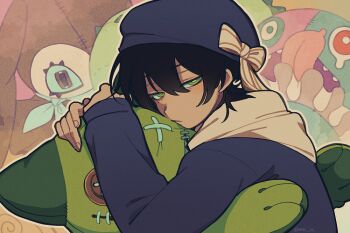 Rule 34 | 1boy, black hair, blue hat, blue hoodie, bright pupils, carbuncly, closed mouth, commentary, english commentary, expressionless, from side, green eyes, hat, hood, hood down, hoodie, hugging object, jitome, long sleeves, looking at viewer, male focus, mole, mole under eye, original, ribbon, short hair, sleeves past wrists, solo, stuffed animal, stuffed cat, stuffed rabbit, stuffed toy, twitter username, white pupils, white ribbon
