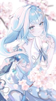 1girl anninufufu aqua_hair aqua_nails closed_eyes clothing_cutout commentary dress falling_petals faruzan_(genshin_impact) fingernails from_behind genshin_impact green_eyes hair_ornament hand_up highres long_hair looking_at_viewer looking_back nail_polish petals shoulder_cutout solo symbol-only_commentary symbol-shaped_pupils triangle-shaped_pupils twintails very_long_hair x_hair_ornament