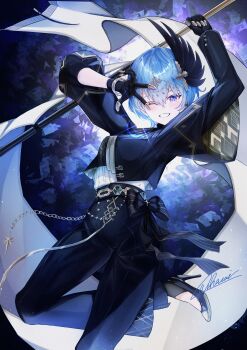 Rule 34 | 1girl, ;d, absurdres, arms up, black gloves, black jacket, black pants, black shoes, blue eyes, blue hair, bracelet, commentary, double-parted bangs, english commentary, feather hair, flag, gloves, grin, hair between eyes, high-waist pants, high heels, highres, holding, holding flag, hololive, hoshimachi suisei, hoshimachi suisei (spectra of nova), jacket, jewelry, layered sleeves, long sleeves, looking at viewer, niharai, official alternate costume, official alternate hairstyle, one eye closed, open mouth, pants, shirt, shirt tucked in, shoes, short hair, short over long sleeves, short sleeves, smile, solo, star (symbol), star in eye, symbol in eye, virtual youtuber, white shirt