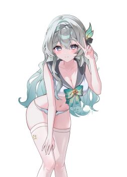 Rule 34 | 1girl, adapted costume, aqua hair, breasts, cleavage, closed mouth, commentary, dalmyang, english commentary, firefly (honkai: star rail), firefly (spring missive) (honkai: star rail), gradient hair, grey hair, hair ornament, hand on own knee, hand up, highres, honkai: star rail, honkai (series), leaning forward, multicolored eyes, multicolored hair, navel, panties, sailor collar, shirt, simple background, sleeveless, smile, solo, stomach, thighhighs, underwear, v, white background, white panties, white shirt, white thighhighs