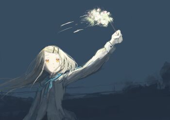 Rule 34 | 1girl, absurdres, arm up, blonde hair, blue ribbon, commentary request, fireworks, floating hair, gakuen idolmaster, grey sky, hair ornament, hairclip, hajime (idolmaster), highres, holding, holding fireworks, horizon, idolmaster, k6tetsu, long hair, long sleeves, looking up, neck ribbon, night, orange eyes, outdoors, parallel hairclips, parted bangs, parted lips, ribbon, shinosawa hiro, shirt, sky, solo, sparkler, upper body, white shirt, wind
