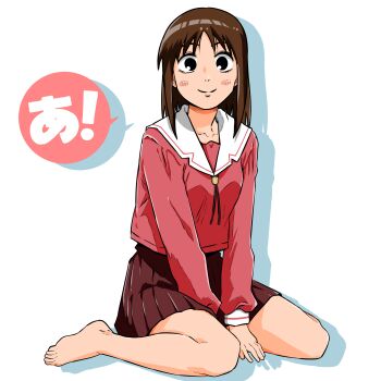 Rule 34 | 1girl, azumanga daioh's school uniform, azumanga daiou, barefoot, black eyes, blush stickers, breasts, brown hair, brown skirt, commentary request, highres, isuke (isuke now), kasuga ayumu, miniskirt, pleated skirt, red shirt, school uniform, serafuku, shirt, sitting, skirt, small breasts, smile, solo, wariza