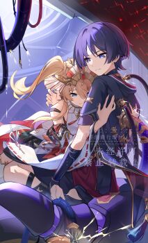 Rule 34 | 1boy, 1girl, absurdres, aqua eyes, artist request, artist self-insert, back, bare shoulders, blonde hair, blue eyes, bridal gauntlets, cable, chinese commentary, closed mouth, collarbone, commission, commissioner insert, couple, covered collarbone, detached sleeves, electricity, eyeliner, from side, genshin impact, hair between eyes, headpiece, highres, hug, japanese clothes, kuyo mizuki (675391969), leaning forward, leaning on person, leaning to the side, long hair, long sleeves, looking down, makeup, mechanical hands, multicolored background, oc x canon, original, purple hair, red eyeliner, scaramouche (genshin impact), second-party source, short hair, short sleeves, shorts, sitting, sleeveless, twintails, wariza, wide sleeves