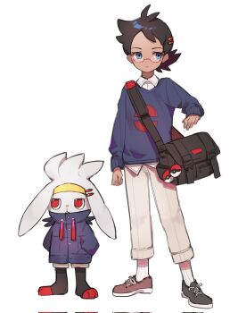 1boy alternate_costume antenna_hair blue_eyes closed_mouth colaoud collared_shirt commentary_request full_body gen_8_pokemon glasses goh_(pokemon) highres korean_commentary male_focus nintendo pants pokemon pokemon_(anime) pokemon_(creature) pokemon_journeys raboot red-framed_eyewear ribbed_legwear shirt shoes short_hair simple_background socks standing sweater white_background white_legwear white_shirt