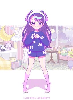 >_< 19_okeke 4girls :d aikatsu!_(series) aikatsu_academy! animated animated_gif arms_up barefoot blue_hair blue_pajamas bow closed_eyes commentary_request copyright_name dancing dress full_body green_dress grey_hair hair_bow highres himeno_mieru indoors long_hair long_sleeves looking_at_viewer mamimu_meh multicolored_hair multiple_girls official_alternate_costume official_art open_mouth own_hands_together pajamas pink_eyes pink_hair purple_eyes purple_hair purple_pajamas rindou_taimu shadow short_hair sleepwear smile standing standing_on_one_leg streaked_hair turning_around virtual_youtuber wao_parin white_pajamas