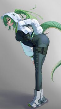 1girl absurdres ankle_boots arknights arknights:_endfield black_bodysuit black_gloves bodysuit boots breasts bright_pupils clothes_writing commentary covered_navel diamond-shaped_pupils diamond_(shape) fingerless_gloves fluorite_(arknights) from_side full_body gloves green_eyes green_hair green_tail grey_background grey_boots highres hood hood_up long_hair long_sleeves medium_breasts parted_lips pouch profile q1w2e3r4_(pixiv_75476659) solo standing symbol-shaped_pupils tail thigh_pouch white_gloves white_pupils