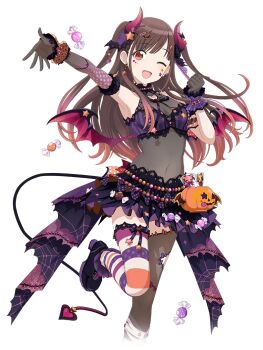 1girl asymmetrical_gloves asymmetrical_legwear bat_hair_ornament breasts brown_hair candy cleavage demon_horns demon_tail demon_wings facial_mark food gloves hair_ornament halloween heart high_heels horns idolmaster idolmaster_shiny_colors idolmaster_shiny_colors_song_for_prism multicolored_hair navel official_art one_eye_closed one_leg_raised open_mouth pumpkin red_eyes red_hair see-through_clothes solo sonoda_chiyoko spider_web_print tail twintails wings
