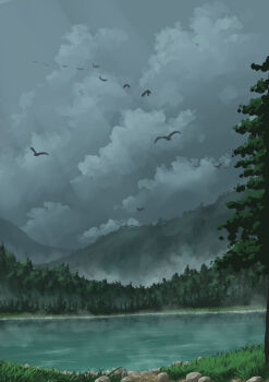 absurdres commentary_request concept_art day flock forest highres hill lake murakoyafactory nature no_humans original outdoors overcast scenery simple_bird sky tree