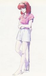 Rule 34 | 1980s (style), 1girl, barefoot, crossed arms, gaw ha leecee, grin, headgear, highres, juusenki l-gaim, kitazume hiroyuki, leaning back, looking at viewer, official art, oldschool, production art, promotional art, red hair, retro artstyle, scan, science fiction, shorts, signature, smile, traditional media