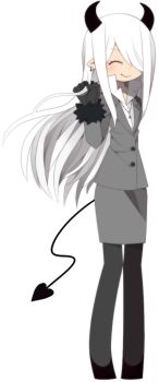 Rule 34 | 1girl, black horns, black tail, blush, business suit, chishibuki, closed eyes, cross, cross earrings, cross necklace, demon girl, demon tail, earrings, formal clothes, full body, funamusea, funamusea (artist), fur trim, gloves, grey gloves, grey jacket, grey skirt, grey suit, hair over shoulder, heart, heart tail, horns, jacket, jewelry, long hair, necklace, official art, one eye covered, pencil skirt, pointy ears, shirt, simple background, skirt, smile, solo, standing, suit, sutare yume, tail, white background, white hair, white shirt