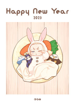 Rule 34 | 1girl, ;&lt;, animal ears, animal hood, bird, blonde hair, blue eyes, chinese zodiac, commentary request, eggplant, fake animal ears, half-closed eye, hands up, hatsuyume, hawk, highres, hood, hood up, kozato (yu kozato), little blonde girl (kozato), lying, mount fuji, on back, onesie, original, rabbit ears, rabbit hood, short eyebrows, solo, thick eyebrows, v-shaped eyebrows, year of the rabbit