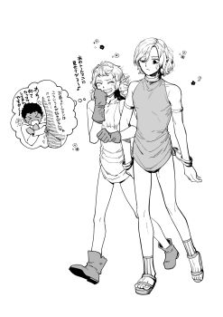 1girl 2boys absurdres bare_shoulders boots closed_eyes dress dungeon_meshi elf fleki full_body gloves greyscale half-closed_eyes highres kabru messy_hair mithrun monochrome multiple_boys pointy_ears psammead_1902 sandals speech_bubble thought_bubble translation_request walking white_background