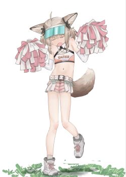 1girl :o ahoge alternate_costume animal_ears arknights belt blush brown_hair cheerleader closed_eyes commentary_request cosplay flat_chest fox_ears fox_girl fox_tail full_body grey_belt halterneck highres holding holding_pom_poms midriff miniskirt mitotakekeke navel open_mouth pom_pom_(cheerleading) pom_poms shoes simple_background skirt sneakers socks solo standing standing_on_one_leg stomach sussurro_(arknights) tail tail_raised visor_cap white_background white_shoes white_skirt white_socks wulfenite_(arknights) wulfenite_(arknights)_(cosplay) wulfenite_(bouncing_rhythms)_(arknights)