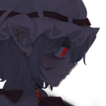 1girl absurdres bags_under_eyes barbell_piercing bow ear_piercing earrings expressionless fang frilled_hat frills gem hat highres industrial_piercing jewelry mob_cap piercing purple_hair red_bow red_eyes red_gemstone remilia_scarlet short_hair simple_background skin_fang solo suwa_(au_swap) touhou variant_set white_background white_hat