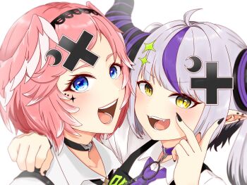 Rule 34 | 2girls, ahoge, black choker, black nails, blue eyes, choker, commentary request, crescent, crescent hair ornament, ear piercing, fingernails, hair ornament, head wings, highres, hololive, horns, la+ darknesss, la+ darknesss (casual), looking at viewer, multicolored hair, multiple girls, nail polish, open mouth, piercing, pink hair, pointy ears, purple hair, ringo 21 a, short hair, simple background, smile, streaked hair, swept bangs, takane lui, virtual youtuber, white background, wings, x hair ornament, yellow eyes
