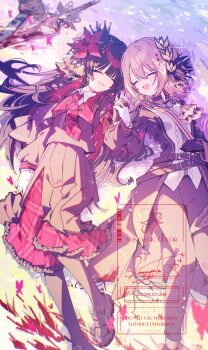 2girls armband black_dress black_gloves black_hair black_jacket black_pantyhose black_shoes blonde_hair blood blood_on_ground bug butterfly closed_eyes commentary_request crown dress epaulettes flower frilled_dress frills gloves hair_flower hair_ornament hasumi_leia highres holding_hands insect interlocked_fingers jacket kasuga_haruhi lying mahou_shoujo_no_majo_saiban multiple_girls necktie nikaido_hiro on_back pantyhose red_armband red_butterfly red_flower red_necktie sash sheath shoes shoulder_sash sword watermark weapon white_gloves yuri