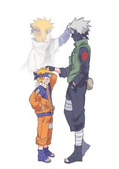 3boys arm_behind_head bandaged_leg bandages black_gloves black_headband black_mask black_pants black_shirt black_shoes blonde_hair blue_headband blue_shoes bong_b0 child closed_eyes coat commentary_request facial_mark fingerless_gloves flak_jacket full_body gloves green_vest grey_hair grin hand_in_pocket hand_on_another's_head hatake_kakashi headband headband_over_one_eye highres jacket jumpsuit konohagakure_shinobi_uniform korean_commentary looking_at_another male_focus mask mouth_mask multiple_boys namikaze_minato naruto_(classic) naruto_(series) open-toe_shoes orange_jacket orange_jumpsuit orange_pants pants shirt shoes short_hair smile spiked_hair spirit standing teeth uzumaki_naruto vest whisker_markings white_background white_coat