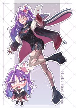 1girl ahoge black_choker black_dress black_footwear black_jacket boots braid brown_gloves character_name chibi choker dress earrings eye_print fishnet_pantyhose fishnets full_body gloves gradient_clothes gradient_jacket hair_ornament heart heart-shaped_pupils high_heel_boots high_heels highres hino_hikaran_(artist) holding holding_letter jacket jared_(michi_mochievee) jewelry letter michi_mochievee michi_mochievee_(1st_costume) multicolored_hair open_clothes open_jacket open_mouth pantyhose price_tag purple_hair red_jacket stitched_face stitches symbol-shaped_pupils torn_clothes torn_dress torn_pantyhose twitter_username two-tone_hair virtual_youtuber vshojo white_hair zipper