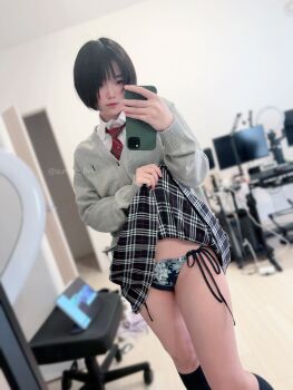 1girl black_hair cellphone computer female_pervert highres legs medium_hair miniskirt panties pervert phone photo_(medium) presenting real_life school_uniform selfie sexually_suggestive short_hair skirt solo sumire_live underwear