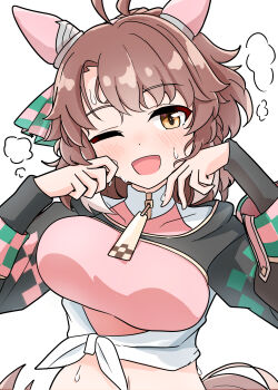 1girl absurdres ahoge animal_ears arnolddayo black_sleeves blush breasts brown_eyes brown_hair dantsu_flame_(center_spotlight)_(umamusume) dantsu_flame_(umamusume) ear_covers ear_ornament hair_between_eyes hair_ornament highres horse_ears horse_girl horse_tail large_breasts looking_at_viewer midriff one_eye_closed open_mouth pink_shirt shirt simple_background smile solo sweat tail tied_shirt umamusume upper_body white_background