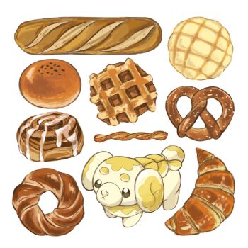 Rule 34 | :<, absurdres, anzu (01010611), bread, closed mouth, croissant, fidough, food, highres, nintendo, no humans, pokemon, pokemon (creature), pokemon focus, pretzel, simple background, solo, white background