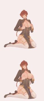 1boy 1girl absurdres anku7u black_dress blush breasts breasts_out china_dress chinese_clothes dress genderswap genderswap_(mtf) genshin_impact highres lactation male_lactation mandarin_collar milk nipples solo solo_focus thighs white_background zhongli_(genshin_impact)