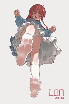 1girl absurdres blush brown_eyes brown_hair feet highres long_hair longwatry looking_at_viewer original panties pantyshot socks soles toes underwear upskirt white_socks