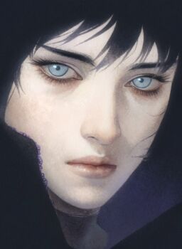 1girl absurdres aizheajsee black_hair blue_eyes expressionless ghost_in_the_shell head_only highres looking_at_viewer medium_hair portrait realistic solo