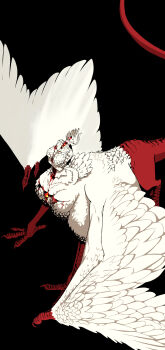 1girl bird_wings black_background bleeding blood blood_from_mouth blood_on_chest breasts chimera claws colored_skin commentary_request crossed_arms cuts deep_wound dragon_tail dungeon_meshi falin_touden falin_touden_(chimera) feathered_wings from_above head_back highres huge_breasts injury lantern_madoyoi monster_girl open_mouth scales short_hair simple_background slit_throat solo tail taur white_hair white_skin wings