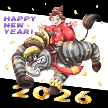 2026 absurdres animal_ears aogaeru_(pixiv46613656) banana blue_eyes brown_hair chinese_zodiac commentary_request donkey_kong donkey_kong_(series) donkey_kong_bananza food food_print fruit fruit_print furry furry_male happy_new_year highres hooves japanese_clothes kimono necktie new_year nintendo pauline_(mario) pauline_(young)_(mario) red_kimono red_necktie wide_sleeves year_of_the_horse zebra_bananza zebra_ears zebra_tail