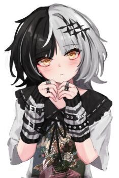 Rule 34 | 1girl, absurdres, akarinnndesu, alternate costume, arm warmers, band shirt, black arm warmers, black eyeliner, black hair, blunt bangs, blush, collared shirt, covet (band), crying, eyelashes, eyeliner, frilled shirt collar, frills, grey hair, hair ornament, highres, hololive, hololive english, jewelry, light frown, long hair, looking at viewer, makeup, merchandise, multicolored hair, multiple rings, ring, shiori novella, shirt, short sleeves, simple background, sleeves past wrists, solo, split-color hair, streaming tears, striped arm warmers, tears, two-tone hair, virtual youtuber, white arm warmers, white background, white hair, white shirt, yellow eyes