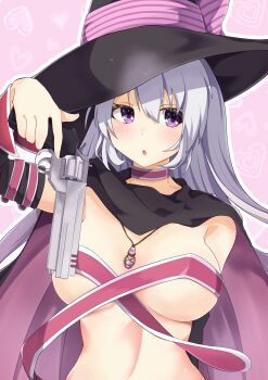 Rule 34 | 1girl, ayachi nene, belt, belt bra, black cape, black hat, blush, bow, breasts, cape, choker, commentary request, detached sleeves, eyelashes, fingernails, grey hair, gun, hair between eyes, hand up, handgun, hat, hat bow, highres, holding, holding gun, holding weapon, large breasts, long hair, long sleeves, looking at viewer, open mouth, outline, pink background, pink belt, pink bow, pink cape, pink choker, purple eyes, revolver, sanoba witch, sidelocks, simple background, solo, two-sided cape, two-sided fabric, upper body, very long hair, weapon, white outline, wide sleeves, witch hat, yuyunatsuki