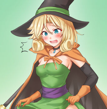 1girl ^^^ anti_(untea9) black_choker black_hat blonde_hair blue_eyes cape choker commentary_request cosplay dragon_quest dragon_quest_iii gloves green_background hair_between_eyes hat janus_(kancolle) kantai_collection looking_down mage_(dq3) mage_(dq3)_(cosplay) open_mouth orange_cape orange_gloves out-of-frame_censoring short_hair skirt_hold solo witch_hat