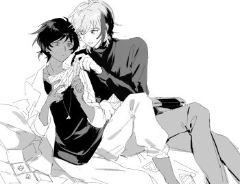 Rule 34 | 2boys, arknights, bishounen, card, commentary request, dark-skinned male, dark skin, elysium (arknights), greyscale, holding, holding card, jacket, jewelry, long sleeves, looking at another, male focus, marumarukin, monochrome, multicolored hair, multiple boys, necklace, pants, pillow, shirt, short hair, simple background, sitting, smile, streaked hair, thorns (arknights), turtleneck, white background