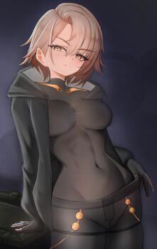 1girl absurdres black_gloves black_jacket black_pants bodysuit breasts brown_hair closed_mouth commentary covered_navel frown girls'_frontline girls'_frontline_2:_exilium gloves highres hood hooded_jacket impossible_bodysuit impossible_clothes jacket looking_at_viewer notporred open_clothes open_jacket pants short_hair solo vector_(girls'_frontline) vector_(girls'_frontline_2) yellow_eyes