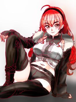 absurdres aged_up black_hairband blush breasts brown_shorts bunching_hair commentary_request crossed_bangs eris_greyrat fur-trimmed_jacket fur_trim hair_between_eyes hairband hand_wraps highres jacket light_smile long_hair looking_at_viewer mushoku_tensei red_eyes red_hair shorts simple_background taraiya thick_eyebrows very_long_hair