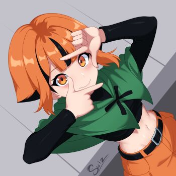 Rule 34 | 1girl, absurdres, belt, belt buckle, black belt, black hair, black shirt, blush, buckle, capelet, commission, cropped shirt, finger frame, gardenia (pokemon), green capelet, highres, long sleeves, looking at viewer, midriff, multicolored hair, navel, nintendo, orange eyes, orange hair, orange shorts, pokemon, pokemon dppt, shirt, short hair, shorts, smile, solo, su1zide, two-tone hair