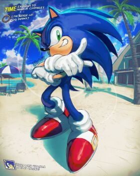 Rule 34 | 1girl, absurdres, beach, beach house, blue fur, body fur, commentary, english commentary, english text, full body, green eyes, highres, kornart, sand, smirk, solo, sonic (series), sonic the hedgehog, standing