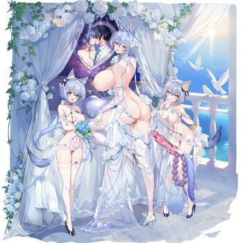 +_+ 3girls :3 anal_beads anal_tail animal_ears ass bar_censor bed bird breasts bridal_lingerie butt_plug censored clitoris_piercing clitoris_ring dildo dog_ears dog_girl dog_tail dress elbow_gloves fake_tail gloves green_eyes heart_cushion high_heels highres huge_breasts labia_piercing lingerie medium_breasts multiple_girls navel nipple_chain nipple_piercing nipple_rings nipples open_mouth photo_(object) piercing pussy pussy_piercing q_azieru red_eyes remote_control_vibrator revealing_clothes see-through_clothes see-through_dress sex_toy star_lusts tail thigh_strap thighhighs underwear vibrator vibrator_in_thighhighs wedding_dress white_gloves white_thighhighs yellow_eyes