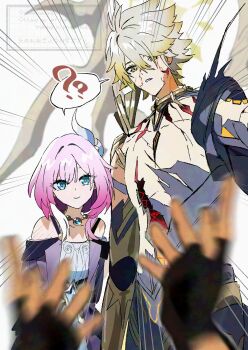 1girl 2boys ? black_gloves blonde_hair blue_eyes caelus_(honkai:_star_rail) commentary cracked_skin cyrene_(aedes_elysiae)_(honkai:_star_rail) cyrene_(honkai:_star_rail) dress fingerless_gloves gloves highres honkai:_star_rail honkai_(series) jewelry multicolored_hair multiple_boys necklace pink_hair pirohi_(pirohi214) pov pov_hands short_hair smile spoken_question_mark topless_male trailblazer_(honkai:_star_rail) two-tone_hair white_dress white_hair yellow_eyes